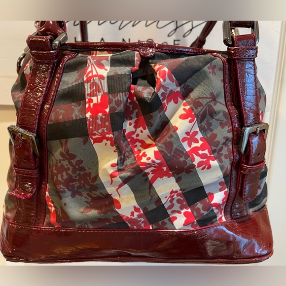 BURBERRY Burgundy Patent Beat Nova Check Floral Satchel Bag Purse HOST PICK - Picture 2 of 15